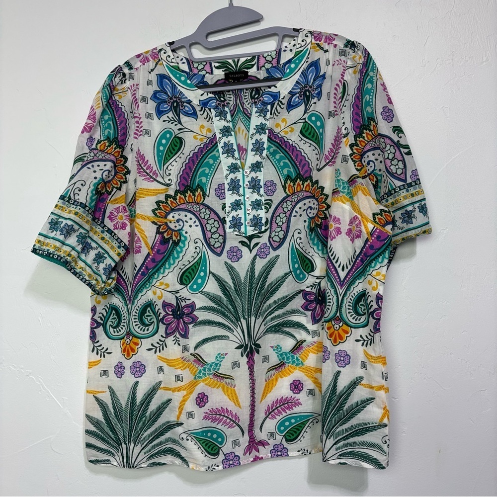 Talbots Boho Palm Tropical Bird Women's Peasant Blouse XL 100% Cotton